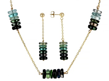Picture of Green Tourmaline Rondelle 14k Gold Cable Chain 5 Station Necklace and Dangle Earrings Set 45ctw