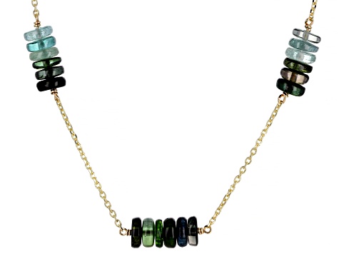 Green Tourmaline Rondelle 14k Gold Cable Chain 5 Station Necklace and Dangle Earrings Set 45ctw