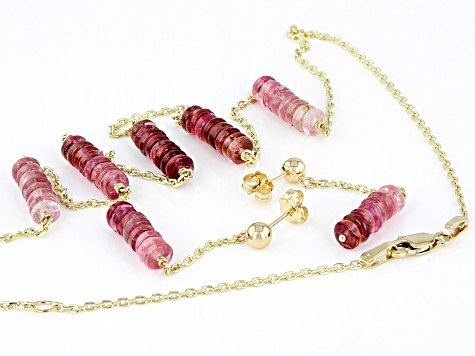 Pink Tourmaline Rondelle 14k Gold Cable Chain 5 Station Necklace and Dangle Earrings Set 19ctw