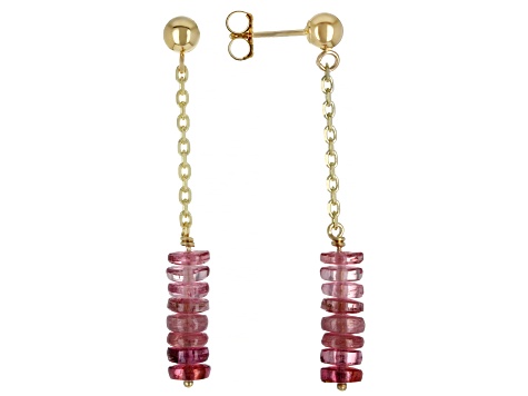 Pink Tourmaline Rondelle 14k Gold Cable Chain 5 Station Necklace and Dangle Earrings Set 19ctw