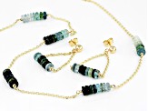 Blue Green Tourmaline Rondelle 14k Gold Cable Chain 5 Station Necklace & Dangle Earrings Set 19ctw