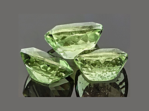 Green Apatite One 10x8mm And Two 9x7mm Rectangular Cushion Step Cut Set 8.28ctw