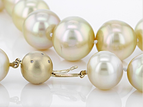 14-17mm Golden Cultured South Sea Pearl With Diamond Accents 14k Yellow Gold 18 Inch Strand Necklace