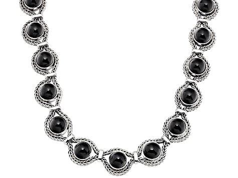 Whitby Jet 10mm Round Cabochon Sterling Silver Foxtail Chain Necklace