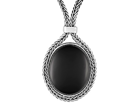 Whitby Jet 34x25mm Oval Cabochon Sterling Silver Foxtail Chain Necklace