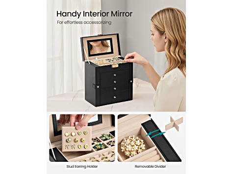 5-Layer Jewelry Box Organizer with 4 Drawers, Jewelry Storage Case with Lock and Mirror-Black