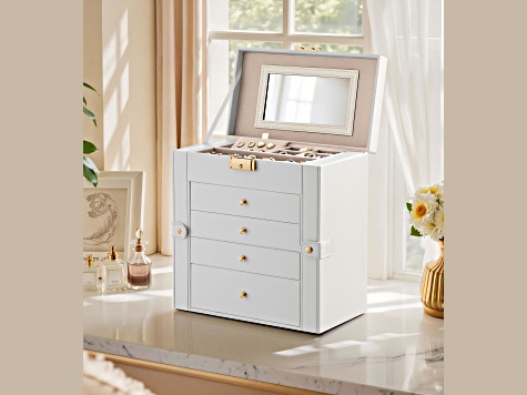5-Layer Jewelry Box Organizer with 4 Drawers, Jewelry Storage Case with Lock and Mirror- White