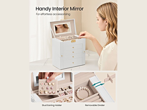 5-Layer Jewelry Box Organizer with 4 Drawers, Jewelry Storage Case with Lock and Mirror- White