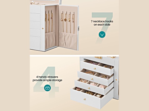 5-Layer Jewelry Box Organizer with 4 Drawers, Jewelry Storage Case with Lock and Mirror- White