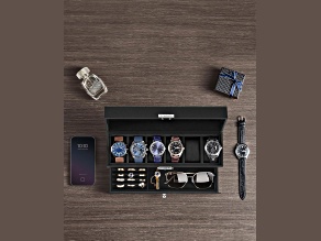 Black 6-Slot Lockable Watch Box with Glass Lid and Black Liner