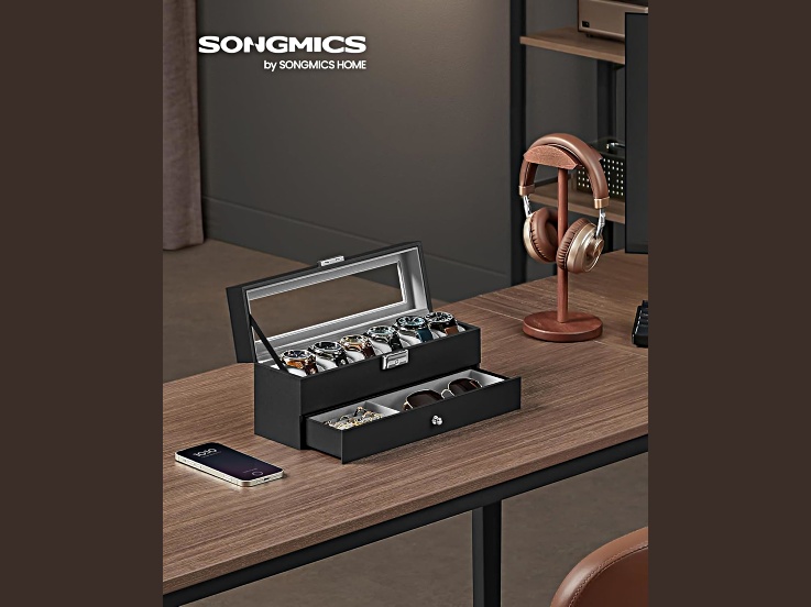 Black 6-Slot Lockable Watch Box with Glass Lid and Gray Liner