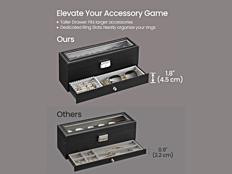 Black 6-Slot Lockable Watch Box with Glass Lid and Gray Liner