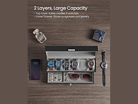 Black 6-Slot Lockable Watch Box with Glass Lid and Gray Liner