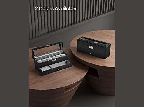 Black 6-Slot Lockable Watch Box with Glass Lid and Gray Liner