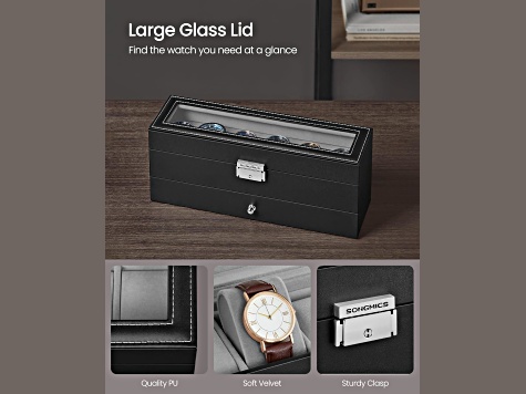Black 6-Slot Lockable Watch Box with Glass Lid and Gray Liner