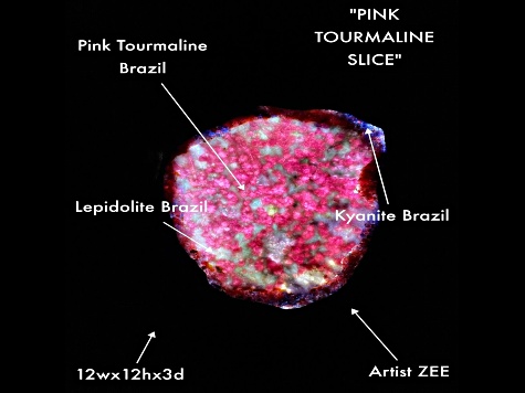 'Pink Tourmaline Slice' - Gemstone Art With Pink Tourmaline, Lepidolite, and Kyanite