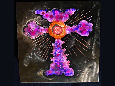 'Purple Cross' - Gemstone Art With Ruby, Azurite, Rhodochrosite, Orange Calcite, and pink Tourmaline