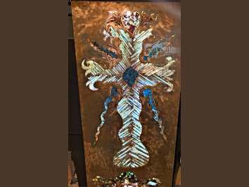 Picture of 'Selenite Cross' - gemstone art with selenite, apatite, and tourmaline.