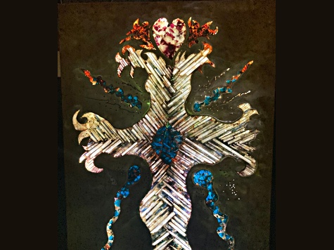 'Selenite Cross' - gemstone art with selenite, apatite, and tourmaline.