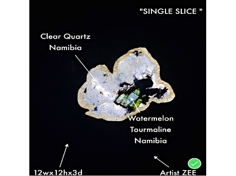 'Single Slice' - gemstone Art With green Tourmaline, and White Quartz