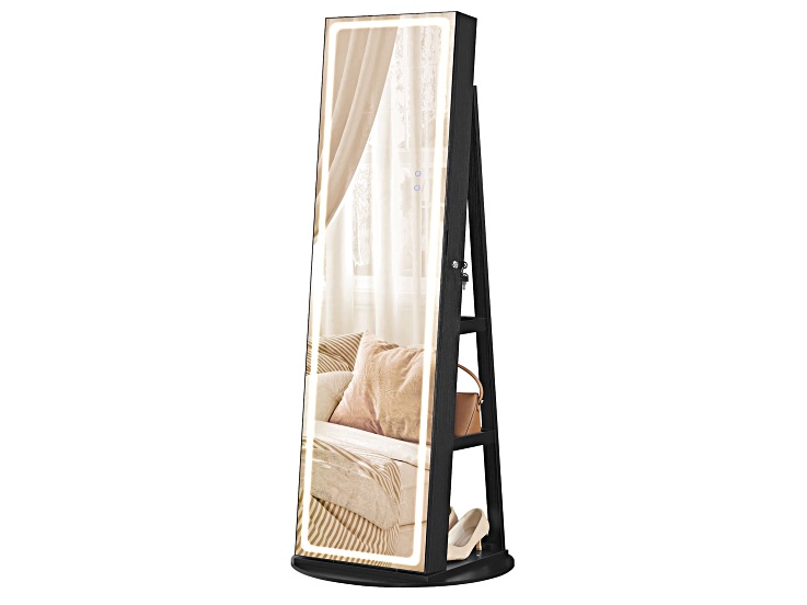LEDs Mirror Freestanding Lockable Jewelry Cabinet Ink Black