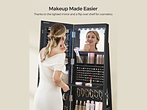 LEDs Mirror Freestanding Lockable Jewelry Cabinet Ink Black