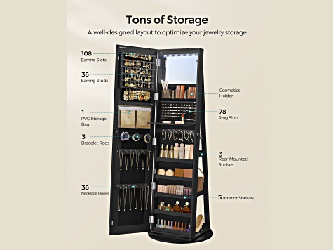 LEDs Mirror Freestanding Lockable Jewelry Cabinet Ink Black