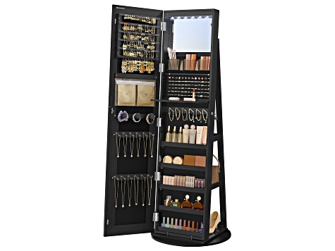 LEDs Mirror Freestanding Lockable Jewelry Cabinet Ink Black