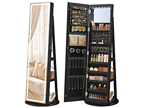 LEDs Mirror Freestanding Lockable Jewelry Cabinet Ink Black