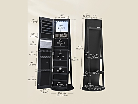 LEDs Mirror Freestanding Lockable Jewelry Cabinet Ink Black