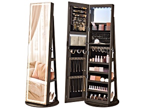 LEDs Mirror Freestanding Lockable Jewelry Cabinet Brown