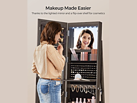 LEDs Mirror Freestanding Lockable Jewelry Cabinet Brown - 185NIB | JTV