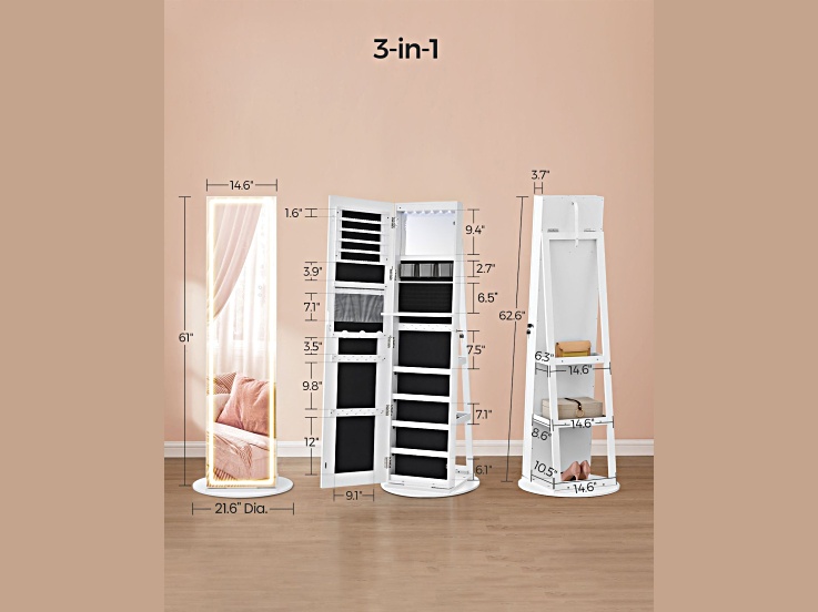 LEDs Mirror Freestanding Lockable Jewelry Cabinet Cloud White