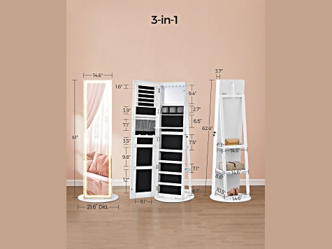 LEDs Mirror Freestanding Lockable Jewelry Cabinet Cloud White