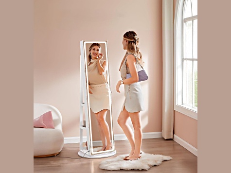 LEDs Mirror Freestanding Lockable Jewelry Cabinet Cloud White