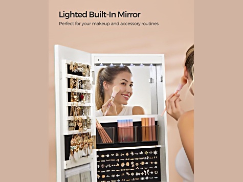 LEDs Mirror Freestanding Lockable Jewelry Cabinet Cloud White