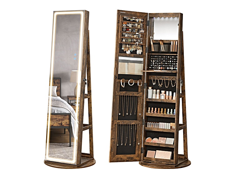 LEDs Mirror Freestanding Lockable Jewelry Cabinet Rustic Brown