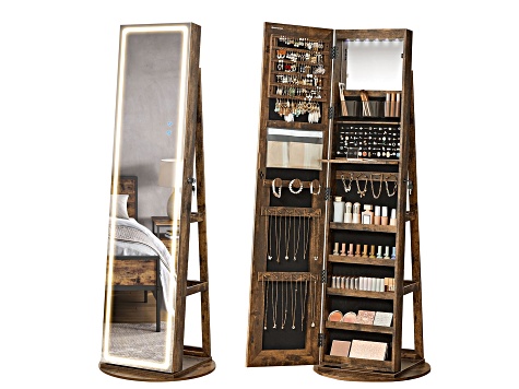 LEDs Mirror Freestanding Lockable Jewelry Cabinet Rustic Brown