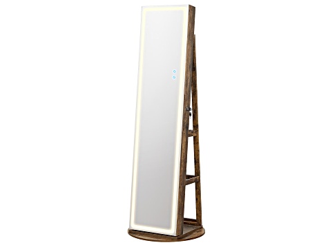 LEDs Mirror Freestanding Lockable Jewelry Cabinet Rustic Brown