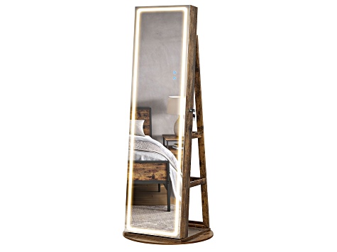 LEDs Mirror Freestanding Lockable Jewelry Cabinet Rustic Brown