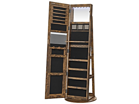 LEDs Mirror Freestanding Lockable Jewelry Cabinet Rustic Brown