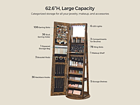 LEDs Mirror Freestanding Lockable Jewelry Cabinet Rustic Brown
