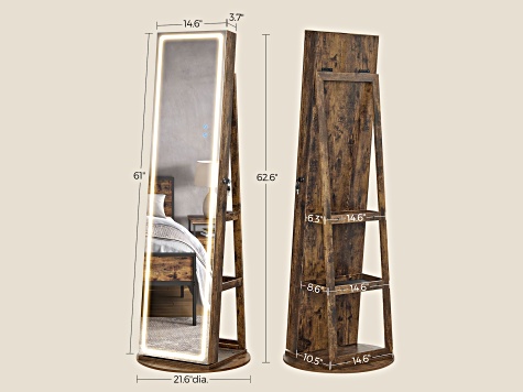 LEDs Mirror Freestanding Lockable Jewelry Cabinet Rustic Brown