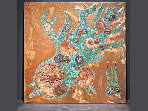 'Water Abstract' - gemstone art with malachite, ammonites, chrysocolla, septarian and kuprite