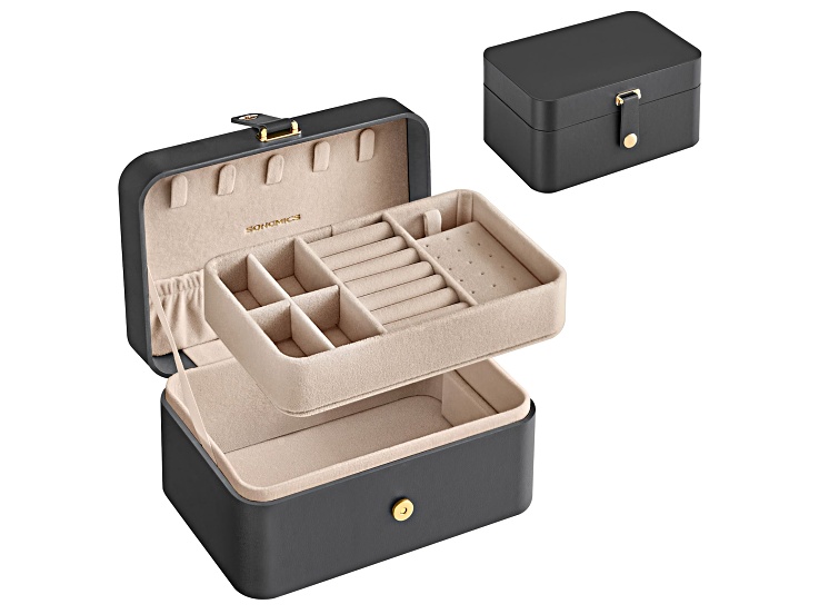 Jewelry Box, Travel Jewelry Case, 2-Layer Jewelry Holder Organizer, Dark Gray