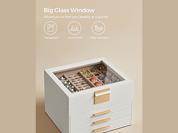 4-Layer Jewelry Box with Glass Lid, 3 Drawers - 1HCGCA | JTV