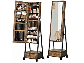 Mirror Freestanding Lockable Jewelry Cabinet Bottom Drawer Rustic Brown