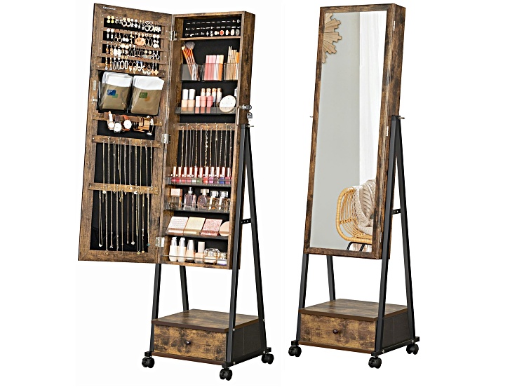 Large standing jewelry cabinet with multiple compartments open showing jewelry and cosmetics, plus a separate full-length mirror on a stand.