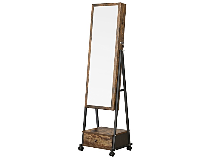 Full-length freestanding mirror with wooden frame on a stand with storage drawer and wheels.