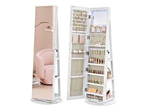 LEDs 360 Swivel Mirror Freestanding Lockable Jewelry Cabinet White